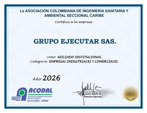 Certificado de afiliación a ACODAL — GRUPO EMPRESARIAL EJECUTAR S.A.S. (FumiCenter), firmas cubiertas