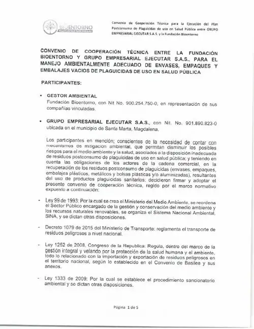 Convenio con la Fundación Bioentorno — GRUPO EMPRESARIAL EJECUTAR S.A.S. (FumiCenter), firmas cubiertas