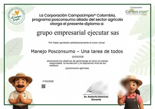 Diploma de Campo Limpio — GRUPO EMPRESARIAL EJECUTAR S.A.S. (FumiCenter), firmas cubiertas
