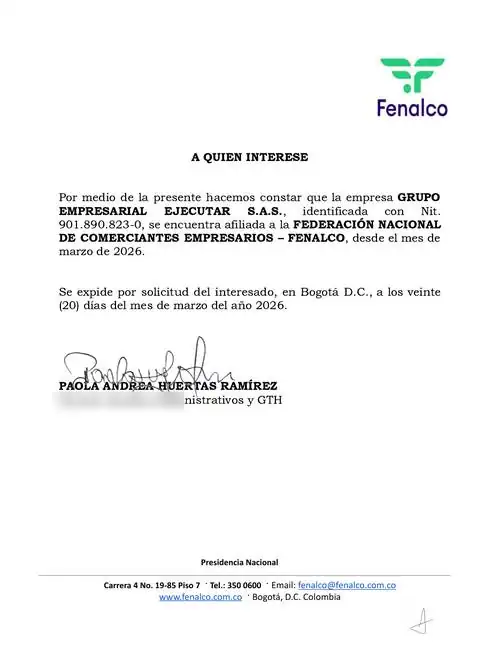 Certificado de afiliación a Fenalco — GRUPO EMPRESARIAL EJECUTAR S.A.S. (FumiCenter), firmas cubiertas