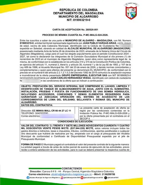 Carta de aceptación No. 260526-001 · Municipio de Algarrobo (primera página, datos personales cubiertos)