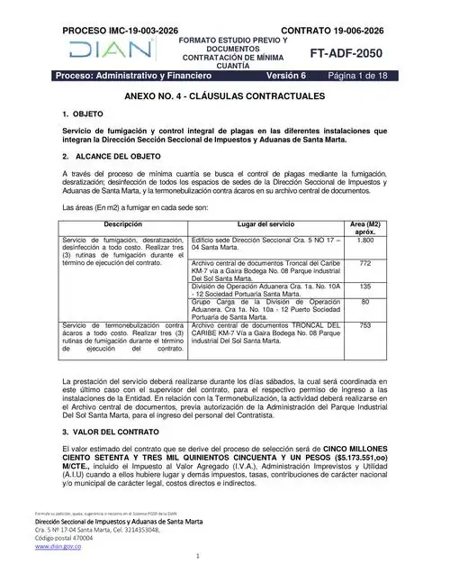 Cláusulas contractuales · Contrato 19-006-2026 DIAN (primera página, datos personales cubiertos)
