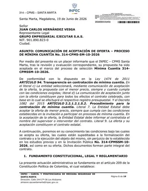 Comunicación de aceptación de oferta · INPEC – CPMS Santa Marta (primera página, datos personales cubiertos)