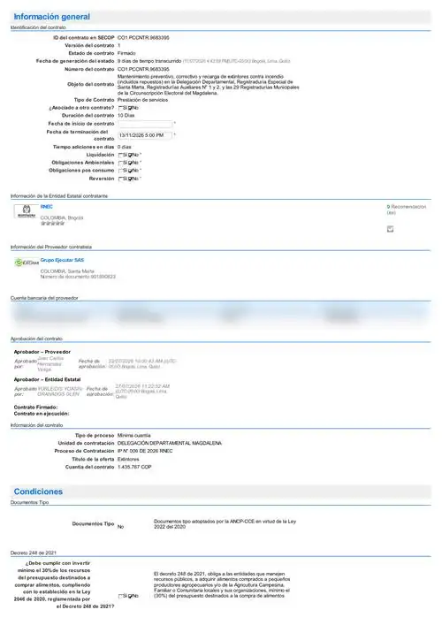 Contrato SECOP II CO1.PCCNTR.9683395 · Registraduría, Delegación Magdalena (primera página, datos personales cubiertos)