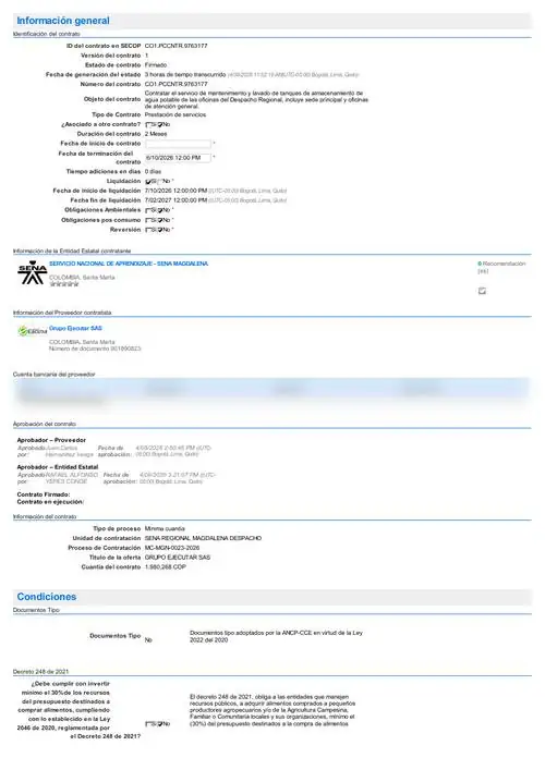 Contrato SECOP II CO1.PCCNTR.9763177 · SENA Regional Magdalena (primera página, datos personales cubiertos)