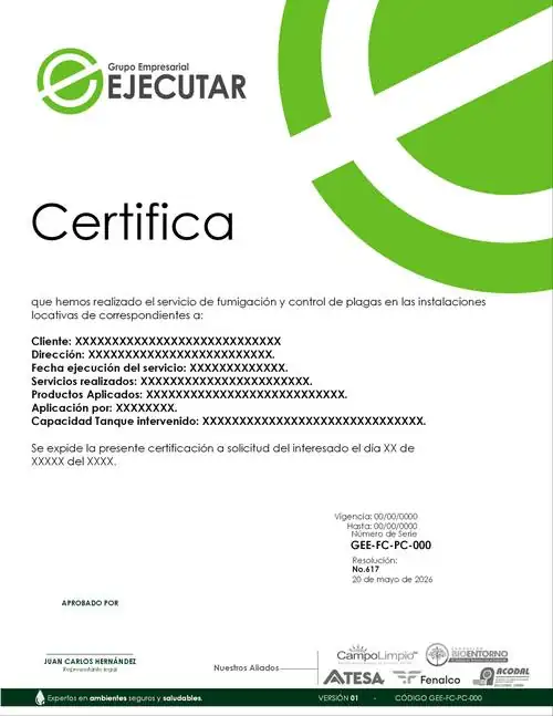 Certificado de control de plagas — formato en blanco de FumiCenter / GRUPO EMPRESARIAL EJECUTAR S.A.S.