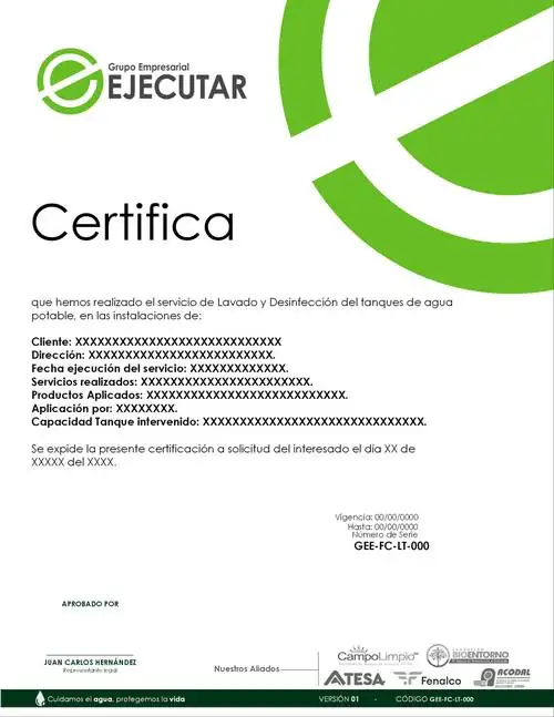 Certificado de lavado y desinfección de tanques — formato en blanco de FumiCenter / GRUPO EMPRESARIAL EJECUTAR S.A.S.