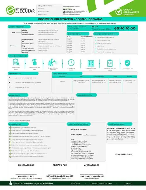 Informe de intervención – control de plagas — formato en blanco de FumiCenter / GRUPO EMPRESARIAL EJECUTAR S.A.S.