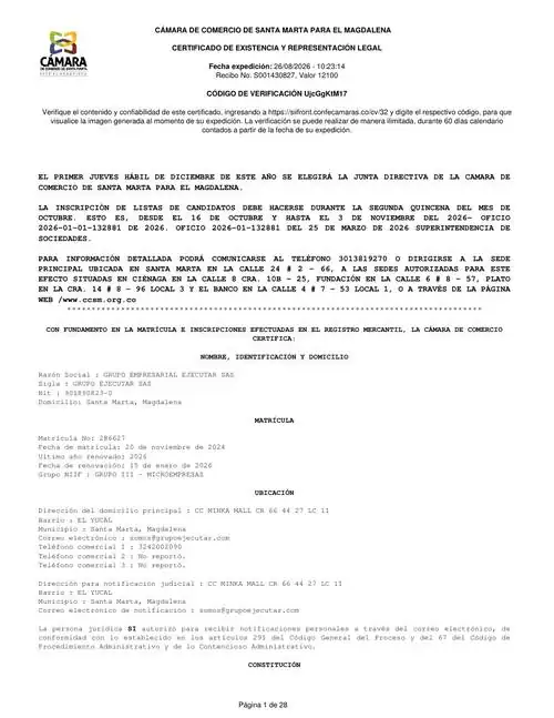 Certificado de existencia y representación legal de GRUPO EMPRESARIAL EJECUTAR S.A.S. (FumiCenter) — primera página, datos personales cubiertos