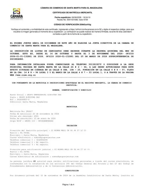 Certificado de matrícula mercantil de GRUPO EMPRESARIAL EJECUTAR S.A.S. (FumiCenter) — primera página, datos personales cubiertos