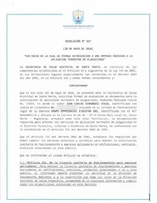Resolución No. 617 del 20 de mayo de 2026 de GRUPO EMPRESARIAL EJECUTAR S.A.S. (FumiCenter) — primera página, datos personales cubiertos