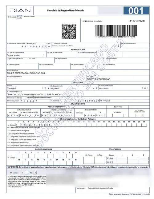 RUT – Registro Único Tributario (DIAN) de GRUPO EMPRESARIAL EJECUTAR S.A.S. (FumiCenter) — primera página, datos personales cubiertos