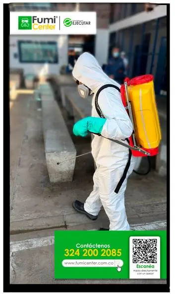 Fumigación profesional en Santa Marta: técnico de FumiCenter con equipo de protección aplicando insecticida (foto 04)