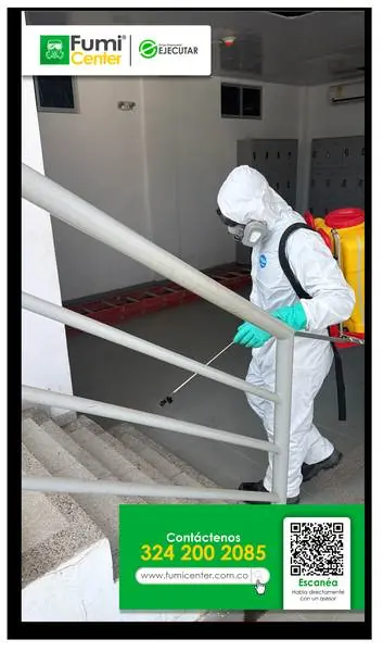 Fumigación profesional en Santa Marta: técnico de FumiCenter con equipo de protección aplicando insecticida (foto 05)