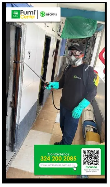 Fumigación profesional en Santa Marta: técnico de FumiCenter con equipo de protección aplicando insecticida (foto 18)