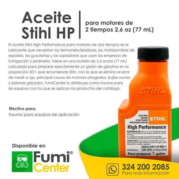 Aceite Stihl HP — Motores de 2 tiempos · 2,6 oz (77 mL) Aceite Stihl HP — Motores de 2 tiempos · 2,6 oz (77 mL) — ficha de producto disponible en FumiCenter, distribuidora de insecticidas en Colombia