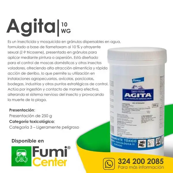 Agita 10 WG — Cebo para moscas Elanco · 250 g Agita 10 WG — Cebo para moscas Elanco · 250 g — ficha de producto disponible en FumiCenter, distribuidora de insecticidas en Colombia
