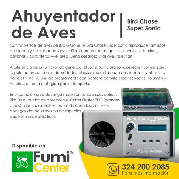 Ahuyentador de aves Bird Chase Super Sonic — Bird-B-Gone Ahuyentador de aves Bird Chase Super Sonic — Bird-B-Gone — ficha de producto disponible en FumiCenter, distribuidora de insecticidas en Colombia