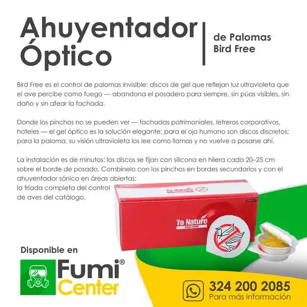 Ahuyentador óptico de palomas Bird Free — Discos de gel Ahuyentador óptico de palomas Bird Free — Discos de gel — ficha de producto disponible en FumiCenter, distribuidora de insecticidas en Colombia