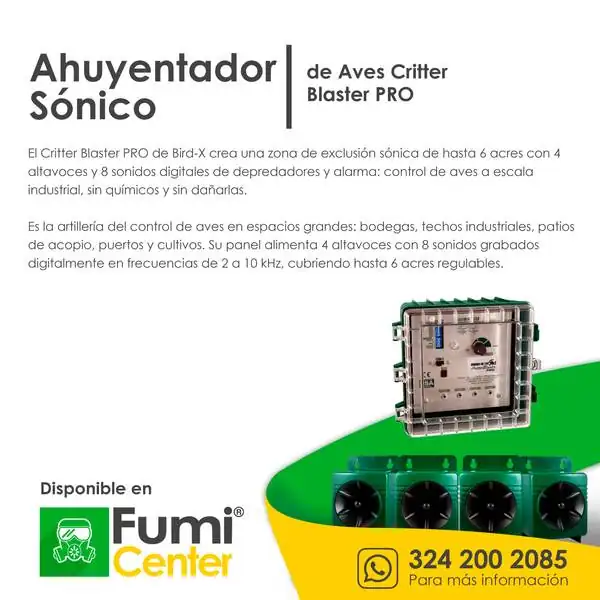 Ahuyentador sónico de aves Critter Blaster PRO — Bird-X Ahuyentador sónico de aves Critter Blaster PRO — Bird-X — ficha de producto disponible en FumiCenter, distribuidora de insecticidas en Colombia