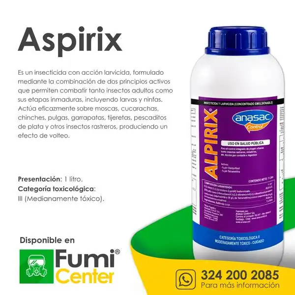 Alpirix EC (Aspirix) — Insecticida larvicida Anasac Control · 1 litro Alpirix EC (Aspirix) — Insecticida larvicida Anasac Control · 1 litro — ficha de producto disponible en FumiCenter, distribuidora de insecticidas en Colombia
