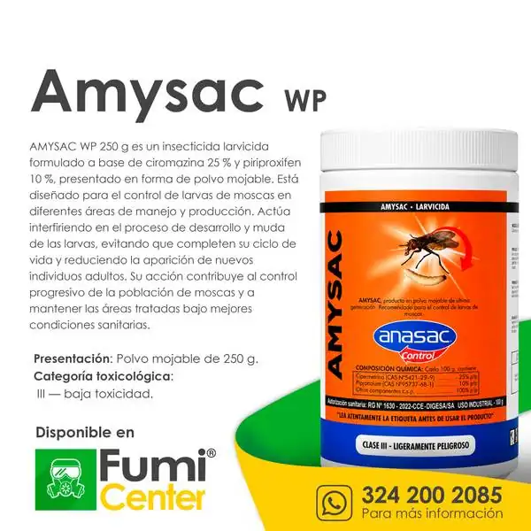 Amysac WP — Larvicida Anasac Control · polvo mojable de 250 g Amysac WP — Larvicida Anasac Control · polvo mojable de 250 g — ficha de producto disponible en FumiCenter, distribuidora de insecticidas en Colombia