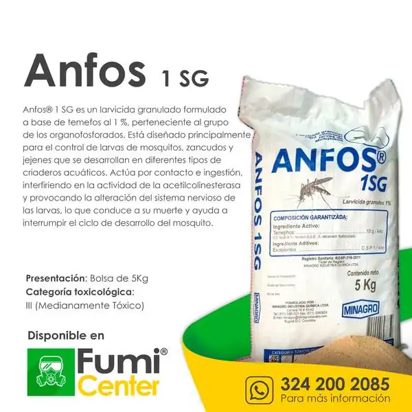 Anfos 1 SG — Larvicida granulado Minagro · bolsa de 5 kg Anfos 1 SG — Larvicida granulado Minagro · bolsa de 5 kg — ficha de producto disponible en FumiCenter, distribuidora de insecticidas en Colombia