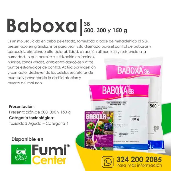 Baboxa SB 500, 300 y 150 g — Molusquicida Minagro · tres presentaciones Baboxa SB 500, 300 y 150 g — Molusquicida Minagro · tres presentaciones — ficha de producto disponible en FumiCenter, distribuidora de insecticidas en Colombia