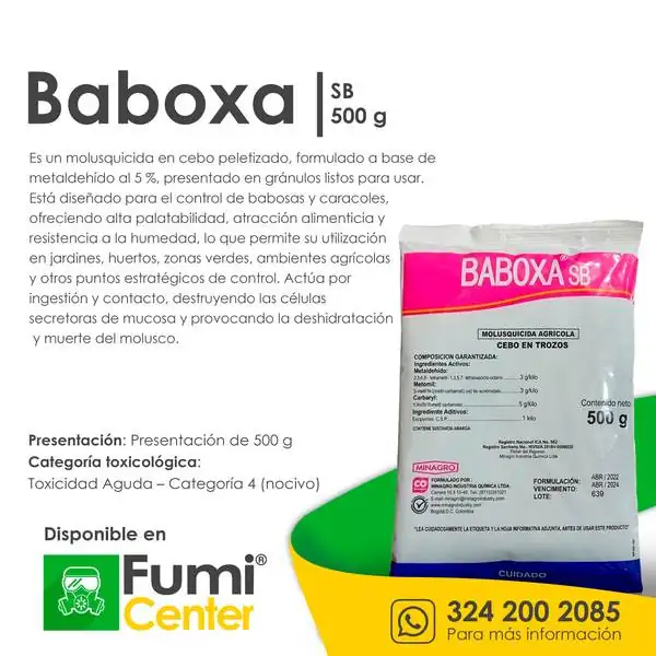 Baboxa SB 500 g — Molusquicida Minagro · bolsa de 500 g Baboxa SB 500 g — Molusquicida Minagro · bolsa de 500 g — ficha de producto disponible en FumiCenter, distribuidora de insecticidas en Colombia