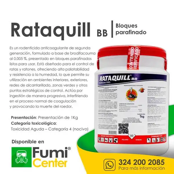 Rataquill BB bloques parafinados — Rodenticida Minagro · tarrina de 1 kg Rataquill BB bloques parafinados — Rodenticida Minagro · tarrina de 1 kg — ficha de producto disponible en FumiCenter, distribuidora de insecticidas en Colombia
