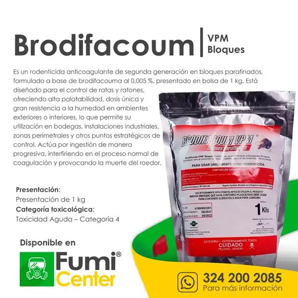 Brodifacoum VPM bloques — Rodenticida V&P · 1 kg Brodifacoum VPM bloques — Rodenticida V&P · 1 kg — ficha de producto disponible en FumiCenter, distribuidora de insecticidas en Colombia
