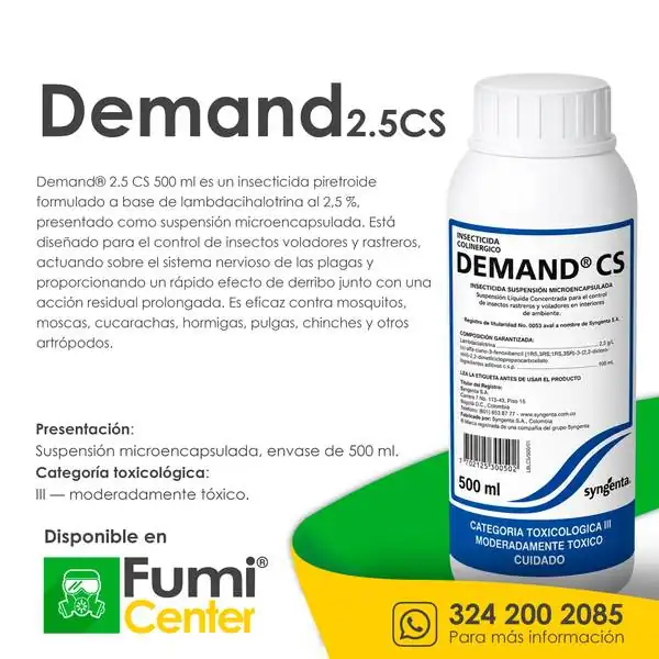 Demand 2.5 CS — Insecticida Syngenta · envase de 500 ml Demand 2.5 CS — Insecticida Syngenta · envase de 500 ml — ficha de producto disponible en FumiCenter, distribuidora de insecticidas en Colombia