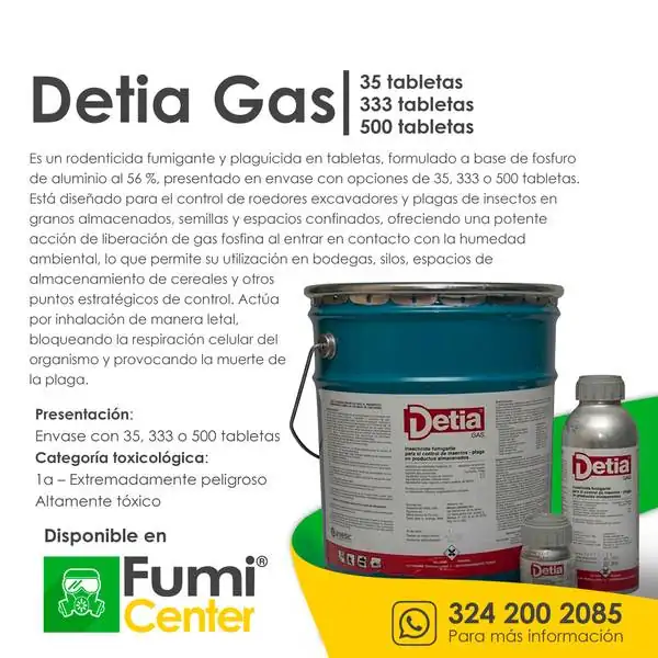 Detia Gas — Fumigante Detia Degesch · 35, 333 y 500 tabletas Detia Gas — Fumigante Detia Degesch · 35, 333 y 500 tabletas — ficha de producto disponible en FumiCenter, distribuidora de insecticidas en Colombia