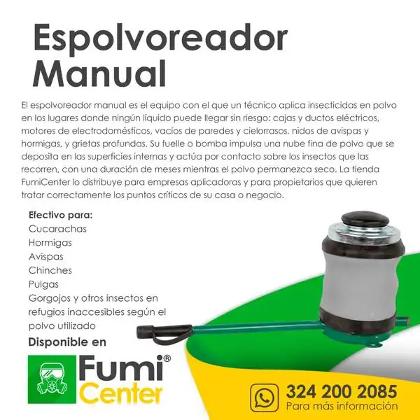 Espolvoreador manual — Aplicador de insecticidas en polvo Espolvoreador manual — Aplicador de insecticidas en polvo — ficha de producto disponible en FumiCenter, distribuidora de insecticidas en Colombia