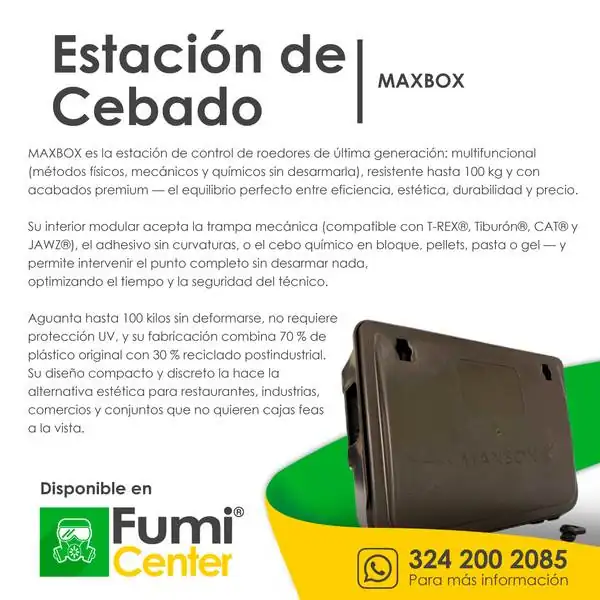 Estación de cebado MAXBOX — Estación de control de roedores Estación de cebado MAXBOX — Estación de control de roedores — ficha de producto disponible en FumiCenter, distribuidora de insecticidas en Colombia