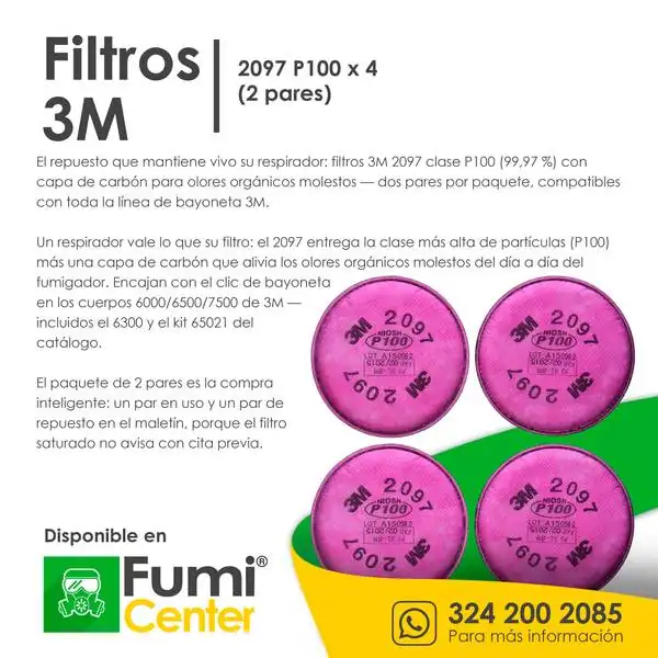 Filtros 3M 2097 P100 × 4 — 2 pares Filtros 3M 2097 P100 × 4 — 2 pares — ficha de producto disponible en FumiCenter, distribuidora de insecticidas en Colombia