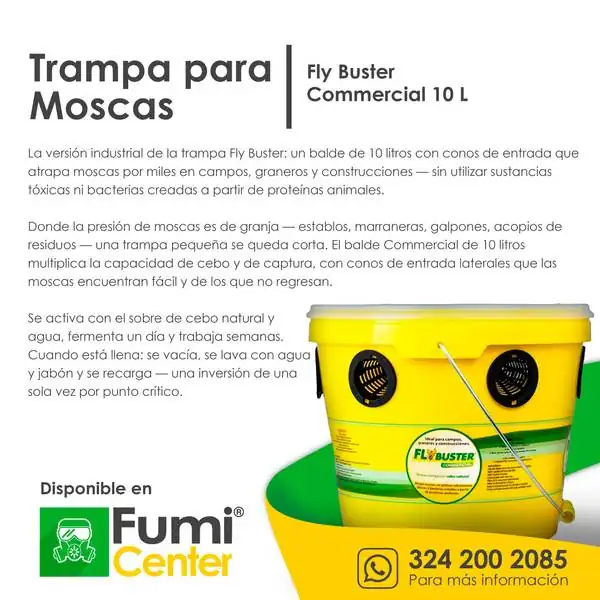 Trampa para moscas Fly Buster Commercial 10 L — Uso industrial Trampa para moscas Fly Buster Commercial 10 L — Uso industrial — ficha de producto disponible en FumiCenter, distribuidora de insecticidas en Colombia