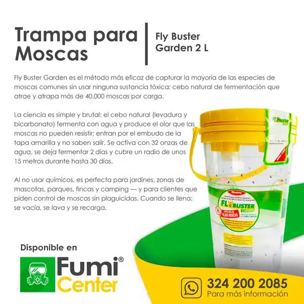 Trampa para moscas Fly Buster Garden 2 L — Trampa reutilizable Trampa para moscas Fly Buster Garden 2 L — Trampa reutilizable — ficha de producto disponible en FumiCenter, distribuidora de insecticidas en Colombia