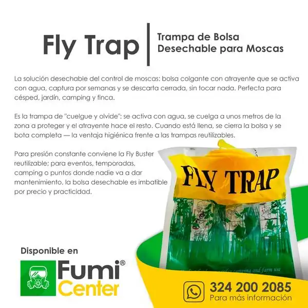 Fly Trap — Trampa de bolsa desechable para moscas Fly Trap — Trampa de bolsa desechable para moscas — ficha de producto disponible en FumiCenter, distribuidora de insecticidas en Colombia