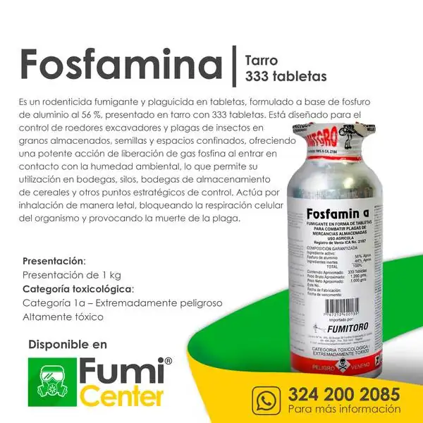 Fosfamina — Fumigante · tarro de 333 tabletas Fosfamina — Fumigante · tarro de 333 tabletas — ficha de producto disponible en FumiCenter, distribuidora de insecticidas en Colombia