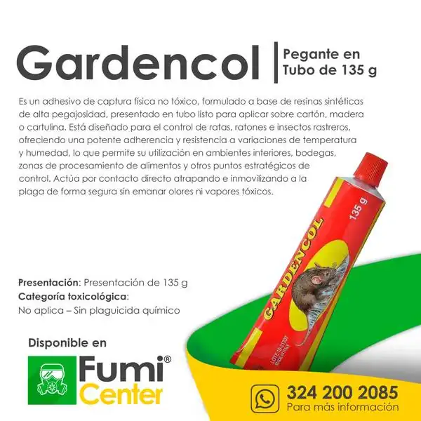 Gardencol pegante — Adhesivo de captura · tubo de 135 g Gardencol pegante — Adhesivo de captura · tubo de 135 g — ficha de producto disponible en FumiCenter, distribuidora de insecticidas en Colombia