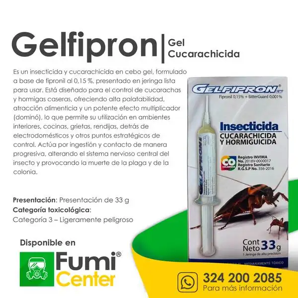 Gelfipron gel cucarachicida — Cebo en gel · jeringa de 33 g Gelfipron gel cucarachicida — Cebo en gel · jeringa de 33 g — ficha de producto disponible en FumiCenter, distribuidora de insecticidas en Colombia