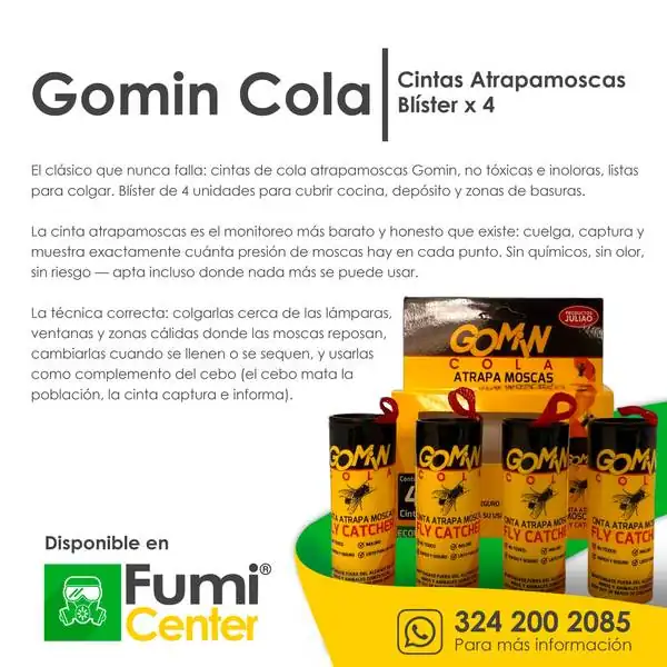 Gomin Cola cintas atrapamoscas — Blíster × 4 Gomin Cola cintas atrapamoscas — Blíster × 4 — ficha de producto disponible en FumiCenter, distribuidora de insecticidas en Colombia