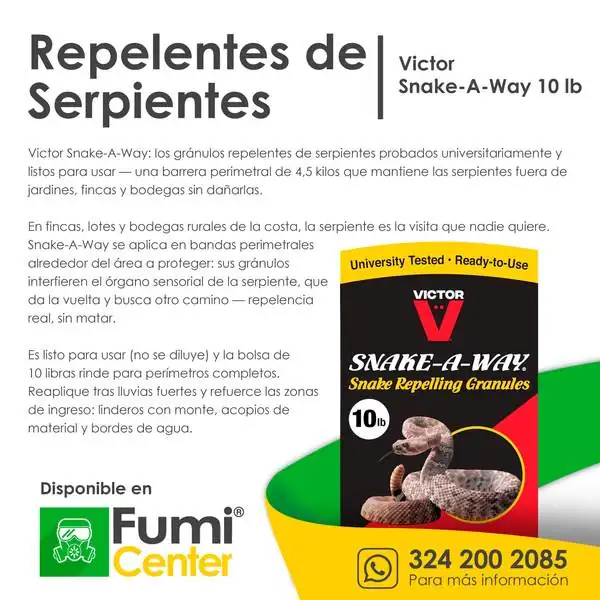 Repelente de serpientes Victor Snake-A-Way — Gránulos · 10 lb Repelente de serpientes Victor Snake-A-Way — Gránulos · 10 lb — ficha de producto disponible en FumiCenter, distribuidora de insecticidas en Colombia