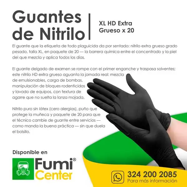 Guantes de nitrilo XL HD — Extra grueso × 20 Guantes de nitrilo XL HD — Extra grueso × 20 — ficha de producto disponible en FumiCenter, distribuidora de insecticidas en Colombia
