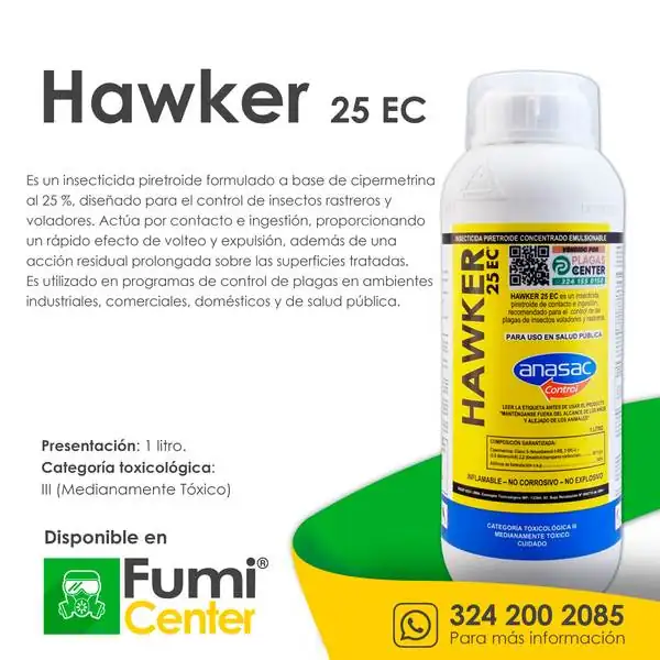 Hawker 25 EC — Insecticida Anasac Control · 1 litro Hawker 25 EC — Insecticida Anasac Control · 1 litro — ficha de producto disponible en FumiCenter, distribuidora de insecticidas en Colombia