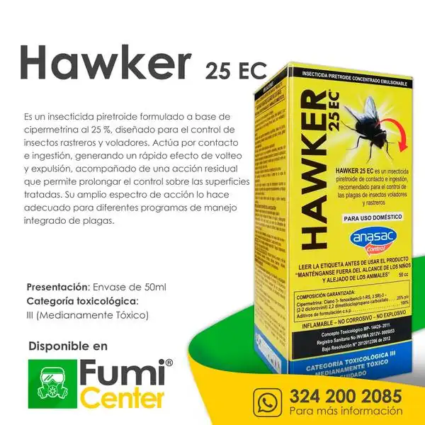Hawker 25 EC — Insecticida Anasac Control · envase de 50 ml Hawker 25 EC — Insecticida Anasac Control · envase de 50 ml — ficha de producto disponible en FumiCenter, distribuidora de insecticidas en Colombia
