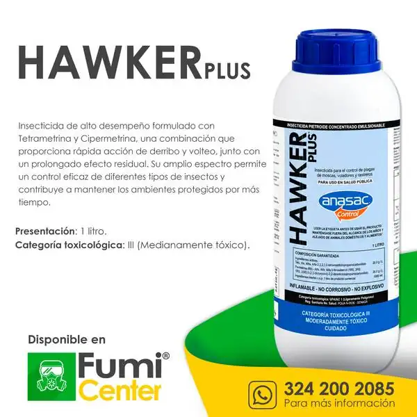 Hawker Plus — Insecticida Anasac Control · 1 litro Hawker Plus — Insecticida Anasac Control · 1 litro — ficha de producto disponible en FumiCenter, distribuidora de insecticidas en Colombia