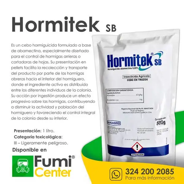 Hormitek SB — Cebo hormiguicida Minagro · bolsa de 500 g Hormitek SB — Cebo hormiguicida Minagro · bolsa de 500 g — ficha de producto disponible en FumiCenter, distribuidora de insecticidas en Colombia