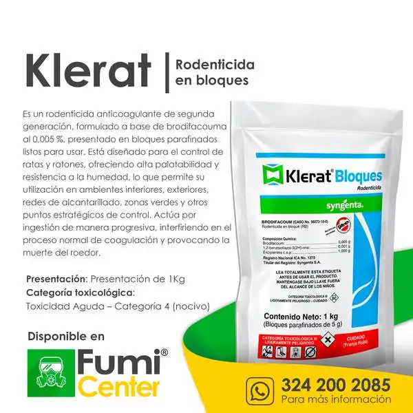 Klerat bloques — Rodenticida Syngenta · 1 kg Klerat bloques — Rodenticida Syngenta · 1 kg — ficha de producto disponible en FumiCenter, distribuidora de insecticidas en Colombia